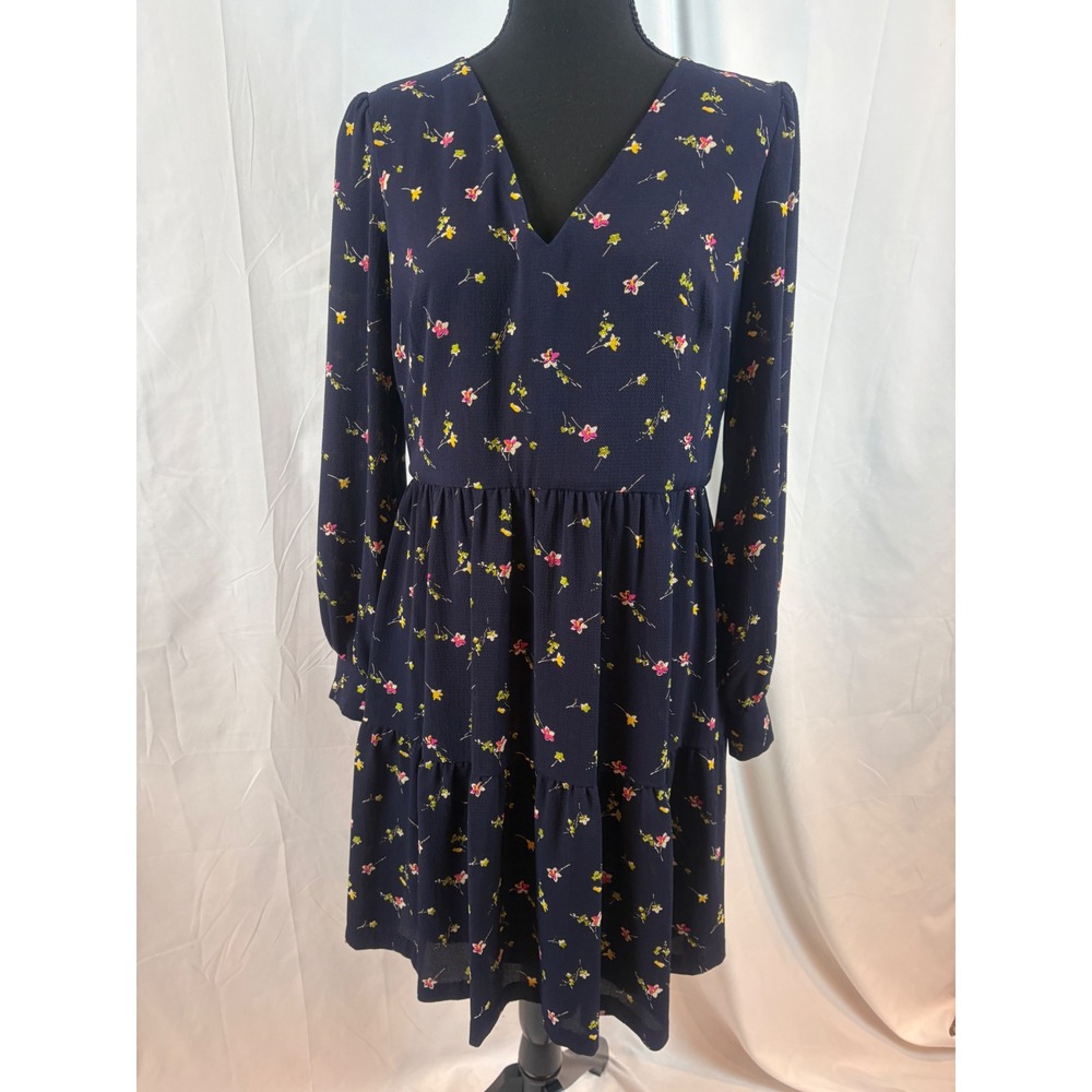 Navy Blue‎ Floral Tiered Mini Dress Long Sleeve V Neck - Picture 2 of 11